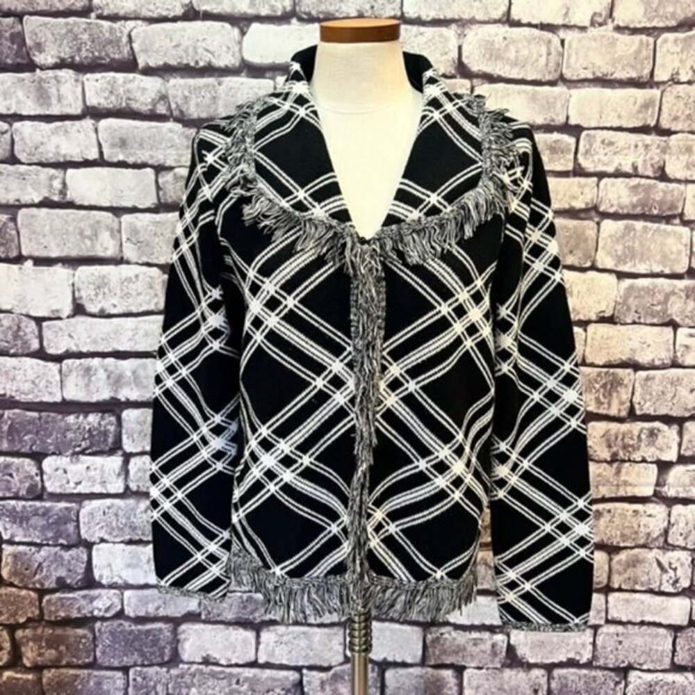 Chico's Additions Black & White Fringe Cardigan Sweater Size Large
